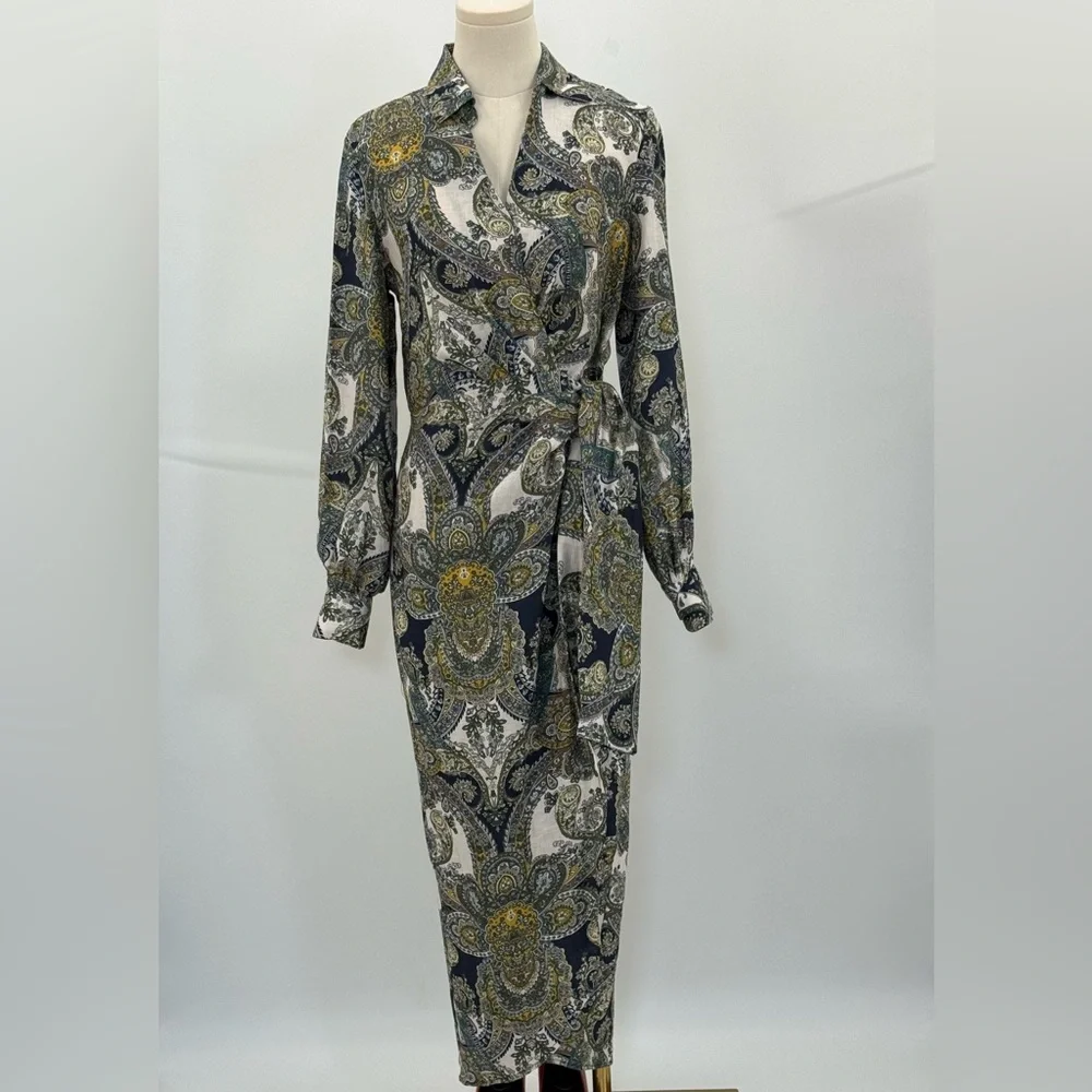 Magaschoni Sophisticated Paisley Belted Wrap Dress – Navy Gold Long Sleeve Midi - Picture 16 of 17